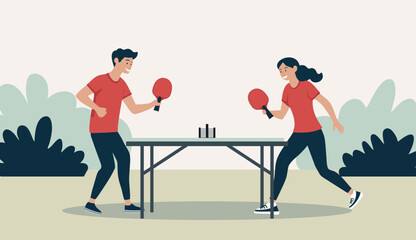A minimalist flat illustration of two people playing table tennis outdoors. The scene feels fun and active.