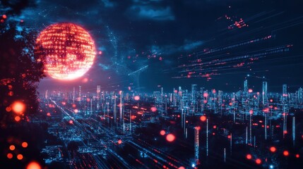 Obraz premium Cyber warfare attack in progress with glowing data streams in a digital landscape at nighttime