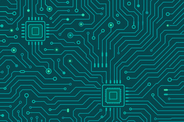 Intricate electronic circuit design showcasing microchips and connections on a dark background