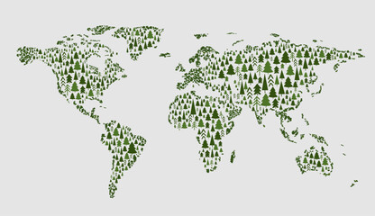A minimalist illustration of a world map formed from trees. Green pine trees arranged in the shape of continents.