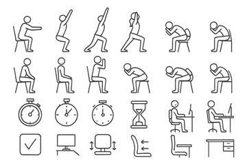 Simple human figures demonstrating various desk exercises for better posture and workplace wellness