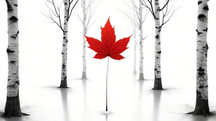 Red maple leaf standing alone among white birch trees in foggy forest, concept of soil destruction - Powered by Adobe