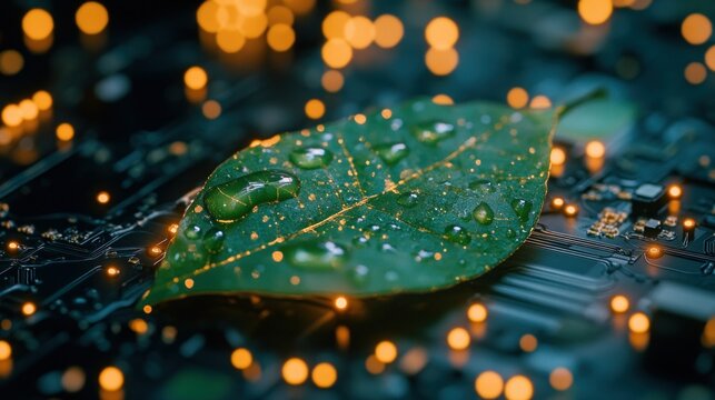 Delicate leaf with water droplets rests on circuit board, illuminated by glowing lights