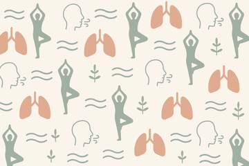 Relaxing yoga patterns featuring figures, lungs, and nature elements in muted colors on a light background