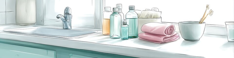 Whimsical representation of cluttered under-sink spaces in a bright kitchen setting emphasizing creative organization