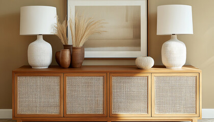 Comfort and style in perfect harmony. The soft light of the lampshades highlights the beauty of the natural textures and the composition of neutral colors, ideal for living rooms or entrance halls.