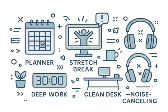 Boost productivity with a structured workspace featuring a planner, noise-canceling headphones, and reminders for breaks