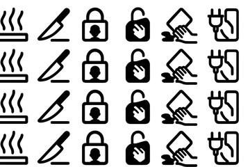 Illustrations of safety symbols representing various precautions in kitchen and electrical environments