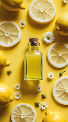 Lemon essential oil with fresh citrus fruits and slices on white background.
