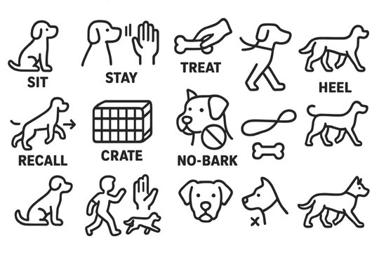 Dog training commands illustrated in a clear and engaging way for pet owners and trainers