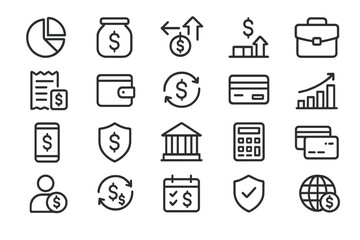 Financial icons showcasing various aspects of budgeting, saving, investment, and banking essentials for economic literacy