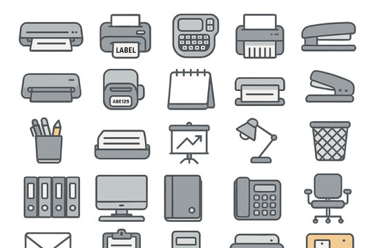 Office supplies and equipment arranged on a workspace with printers, staplers, and stationery items at a modern office