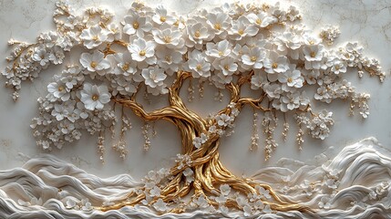 Golden Tree With White Flowers In High Resolution Photo For Elegant Decoration
