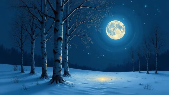 Night scene with moonlight over snowy landscape with birch trees  