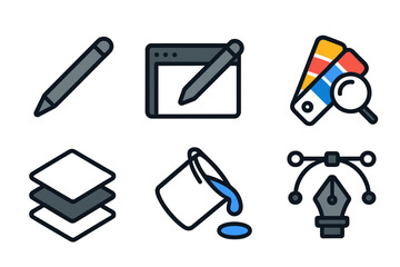 Collection of graphic design icons showcasing essential tools for digital creation, illustrating a creative workspace setup