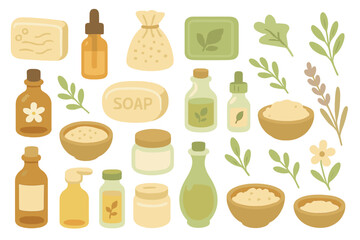 Collection of natural ingredients and products for skincare and wellness displayed on a clean background