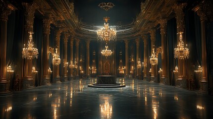 Grand opulent ballroom interior featuring decorative gold chandeliers and marble flooring photo