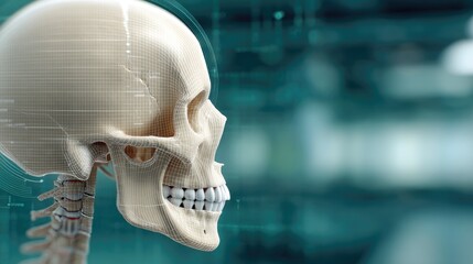 Digital Human Skull with Futuristic Grid Overlay