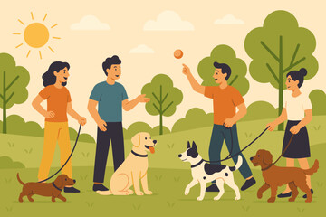 People enjoy a sunny day at the park while walking their dogs and playing fetch in a vibrant and lively landscape