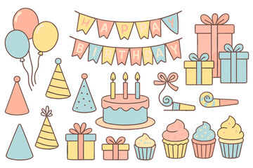 Colorful birthday celebration elements including cake, balloons, gifts, and party hats in pastel colors