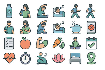 Wellness icons illustrating healthy habits and lifestyle choices for self-care and fitness routines