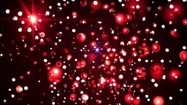 Dark backdrop featuring falling red bubbles and snowflakes generating holiday mood