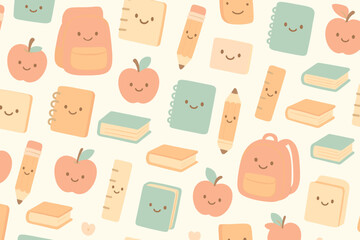 Colorful school supplies and fruit pattern creates a cheerful back-to-school atmosphere perfect for educational themes