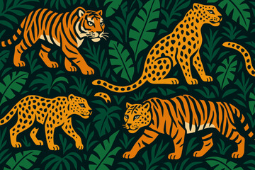 Wild cats in a vibrant jungle setting showcasing tigers and leopards surrounded by lush green foliage