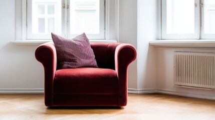 Fototapeta premium Comfortable burgundy armchair with patterned accent pillow in a light room.