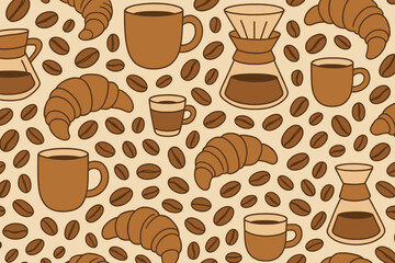 Fototapeta premium Coffee and croissant seamless pattern with beans and pour-over pots