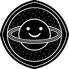 Neon Smiley Planet Badge Vector on White Background