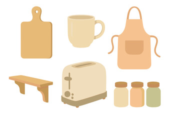 Kitchen essentials including a toaster, cutting board, mug, aprons, and jars arranged for culinary activities