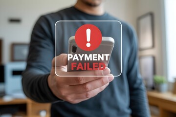 Payment Failed Notification Concept – Person Encountering Digital Transaction Error on Smartphone with Red Warning Sign and Financial Alert for Online Payment Issues