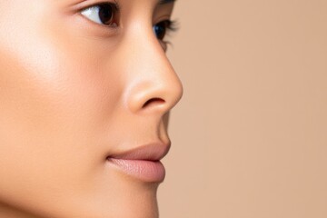 Woman with Smooth and Radiant Skin on Nude Background