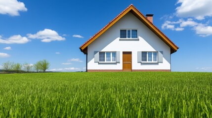 Bright white house with a brown roof sits in a lush green field under a blue sky with clouds