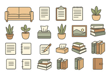 Modern living room workspace layout featuring plants, books, and office supplies for a productive environment