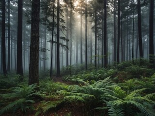 Fototapeta premium Mystical Deep Woods: Tranquil Forest Landscape with Mist and Ferns at Twilight