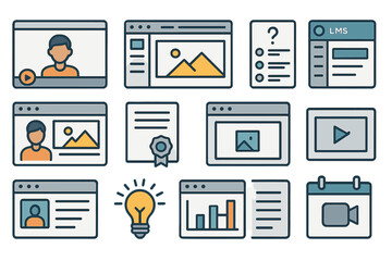 Collection of digital learning elements showcasing various online course components and multimedia educational resources