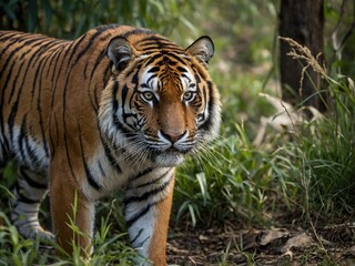 Fototapeta premium Majestic Tiger in Its Natural Habitat: Ferocious Wildlife Portrait in the Forest Wilderness