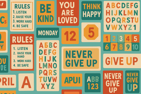 Various colorful signs featuring motivational messages and instructional rules displayed in an educational setting