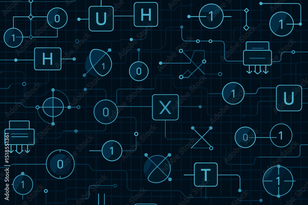 Poster complex digital circuit design displaying various symbols and connections with a blue background in 