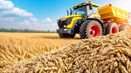 Modern tractor working in a golden wheat field during daytime with clear sky