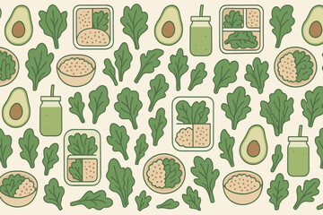 Colorful green pattern featuring healthy ingredients like avocado, leafy greens, and nutritious bowls on a light background