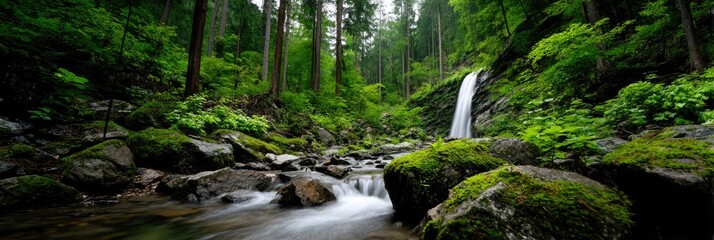 Obraz premium Serene Forest Waterfall with Flowing Stream and Mossy Rocks