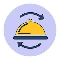 Catering or Food Service Icon: Yellow Cloche Serving Dish with Rotation Arrows on a Light Purple Circular Background