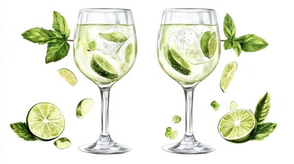 Hugo cocktail in a wine glass with sparkling wine elderflower syrup mint leaves and lime slices isolated on white background refreshing German favorite.
