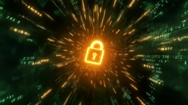 Glowing lock symbol amidst matrixstyle digital data flow animation