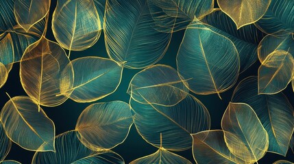 Golden leaves line art background vector. luxury gold abstract wallpaper with blue and tidewater green color. Design for prints, Home decoration, fabric and cover design. vector illustration. illustr