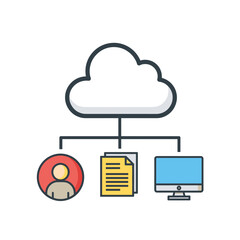 Cloud Computing and Storage Icon: Central Cloud Connected to User, Document, and Desktop Computer Icons