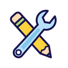Design and Configuration Icon: Cartoon Yellow Pencil Crossed with a Blue Wrench